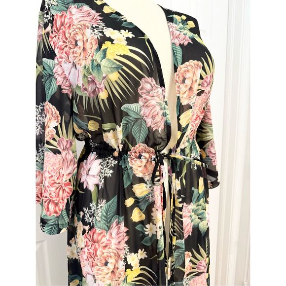 Jantzen Womens Black Floral Isn't It Romantic Kimono Swim Cover Up Large NWT - Picture 3 of 6